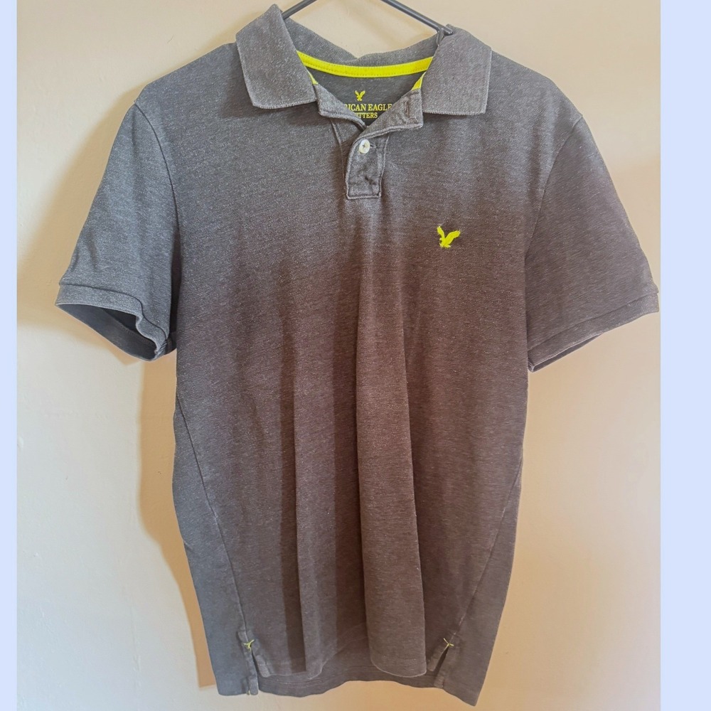 American Eagle Mens Charcoal Gray Neon Yellow Logo Classic Fit Polo Shirt Medium